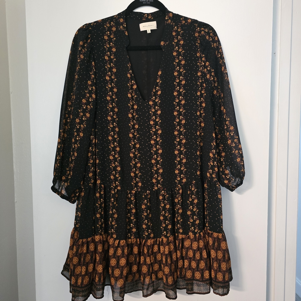 MELLODAY Black and Orange Floral Long Sleeve Dress